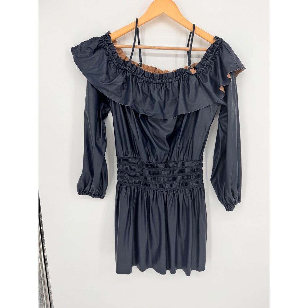Ramy Brook Mercer Dress XL Navy Faux‎ Leather Smocked Mini Night Out Edgy Chic